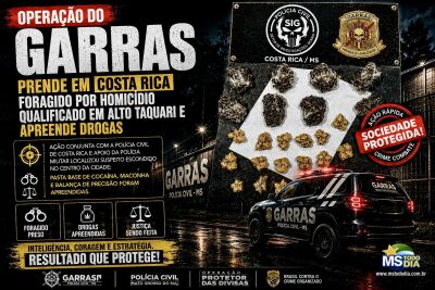 Imagem da notícia Operação do GARRAS prende em Costa Rica foragido por homicídio qualificado em Alto Taquari e apreende drogas